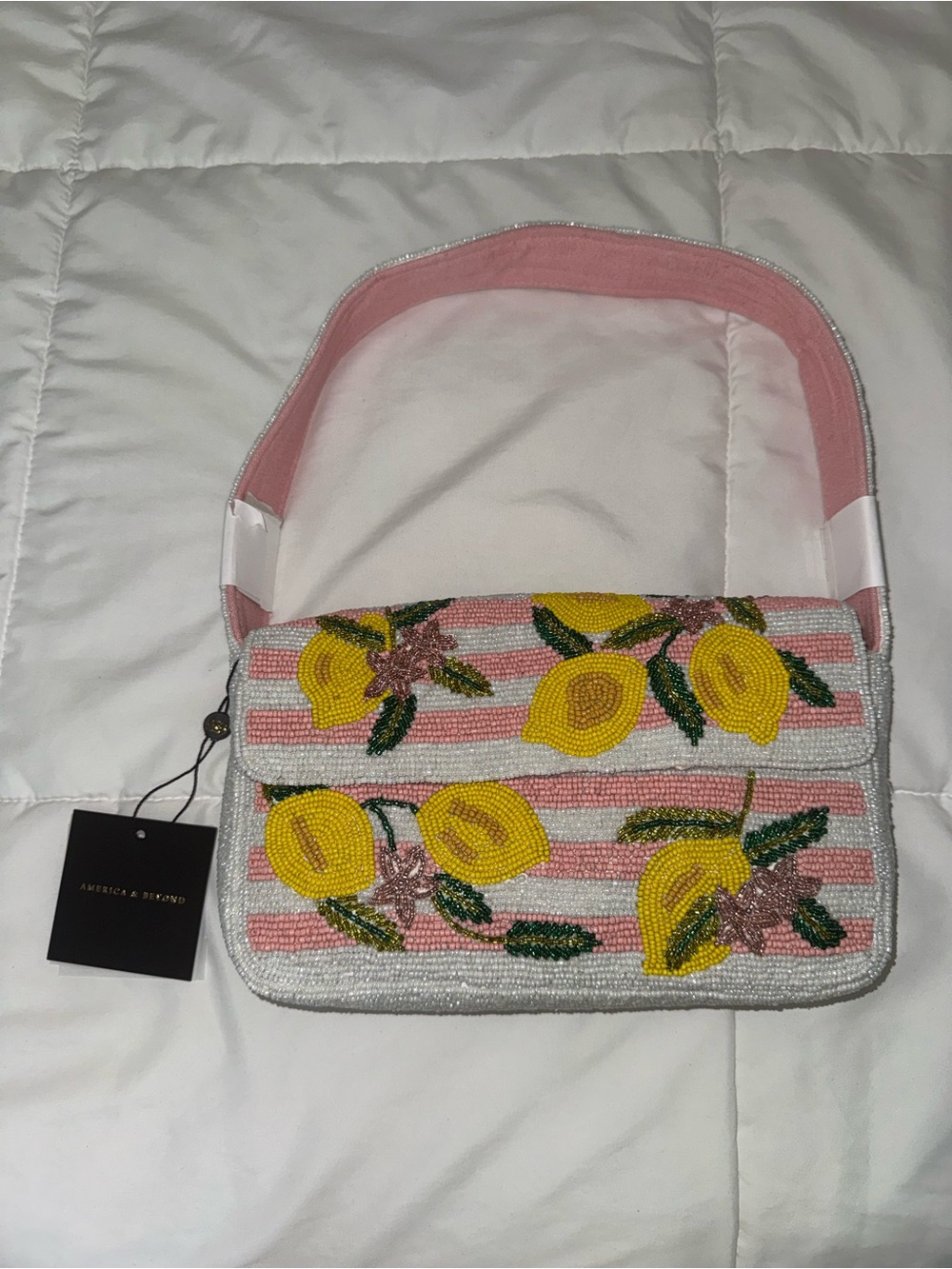 America & Beyond Beaded Lemon Stripe Shoulder Bag - Pink & Yellow